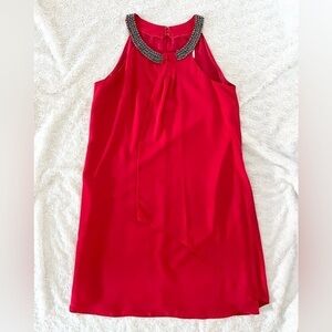 Joseph Ribkoff Red Flowy Dress with High Neckline Jewelry Collar Size Medium